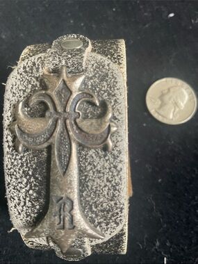 Distressed Silver Cross Accent Leather Cuff Bracelet